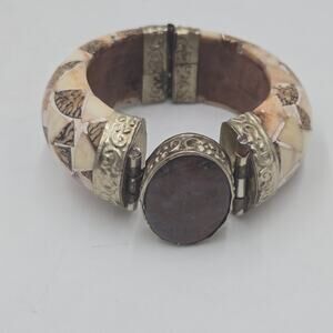 Vintage Bone & Brass Bracelet And Bangle Large Brown Agate Stone Tribal 7.5"